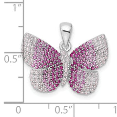 Sterling Silver Rhodium-plated Polished Pink CZ Butterfly Pendant