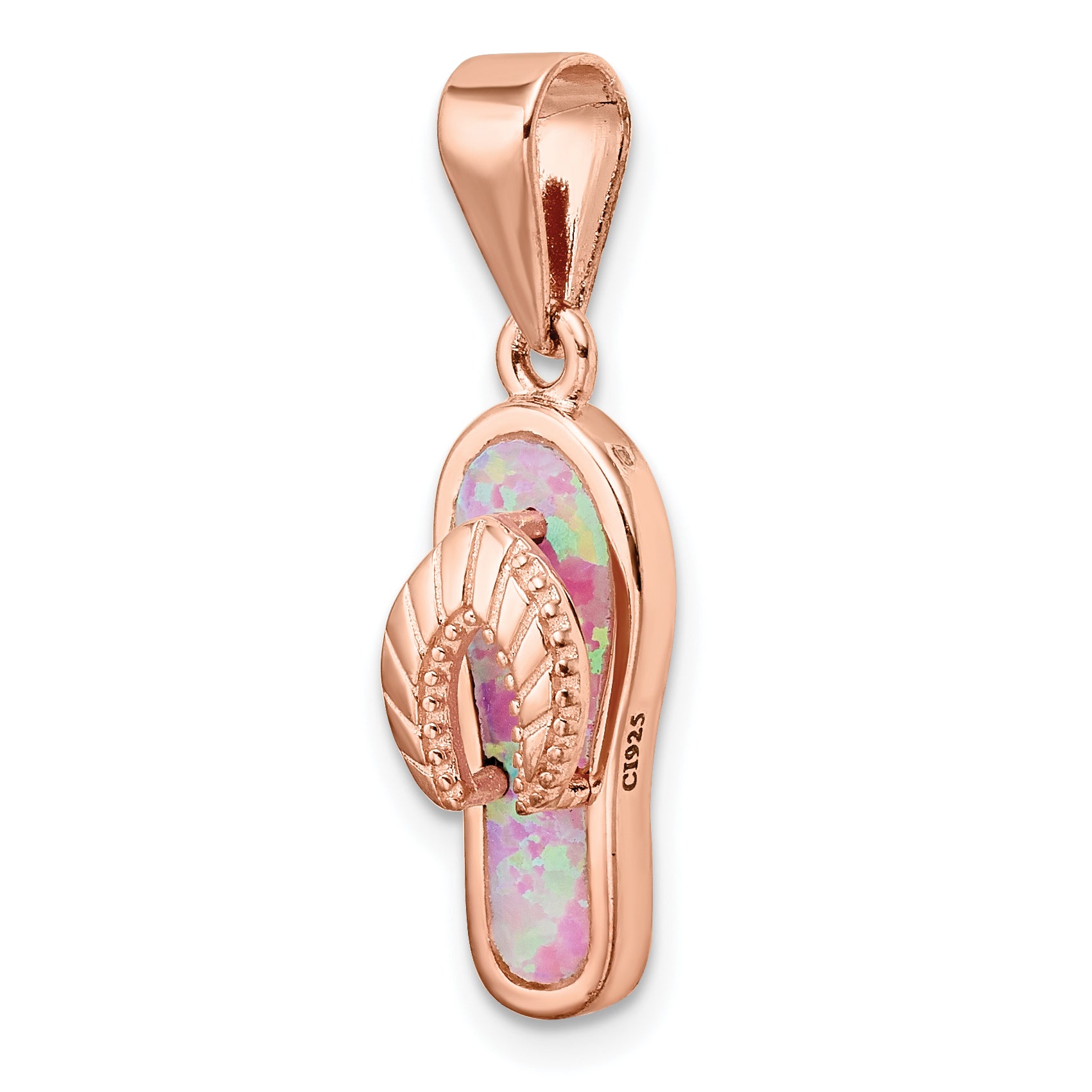 Sterling Silver Rose-tone Polished Pink Created Opal Inlay Flip Flop Pendan