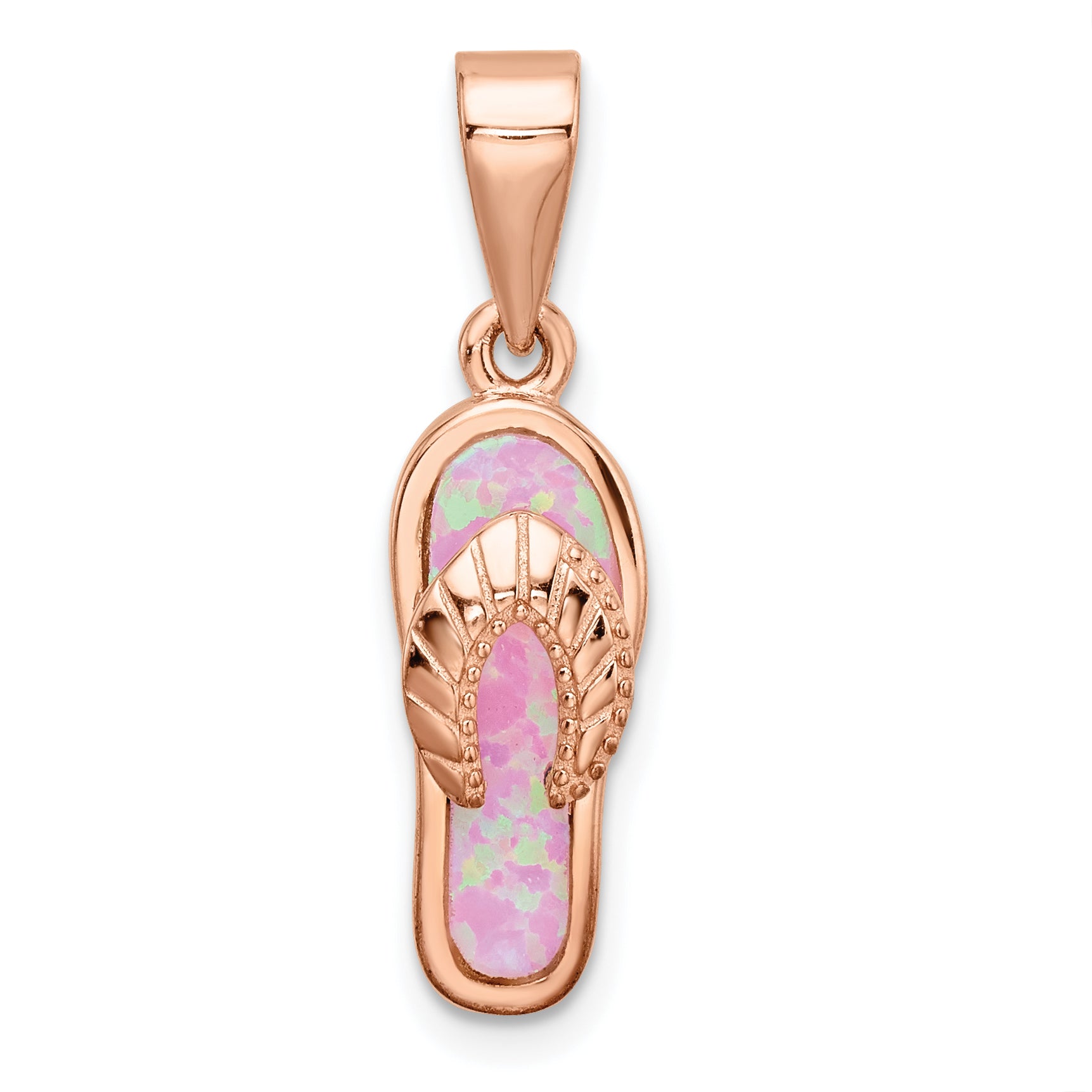 Sterling Silver Rose-tone Polished Pink Created Opal Inlay Flip Flop Pendan