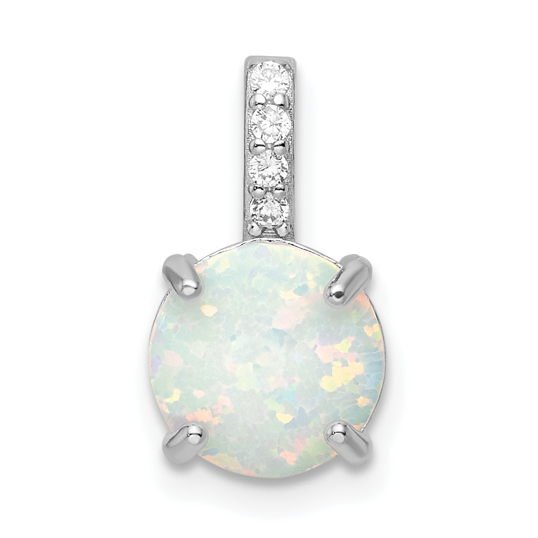 Sterling Silver Rhodium-plated Round White Created Opal & CZ Pendant