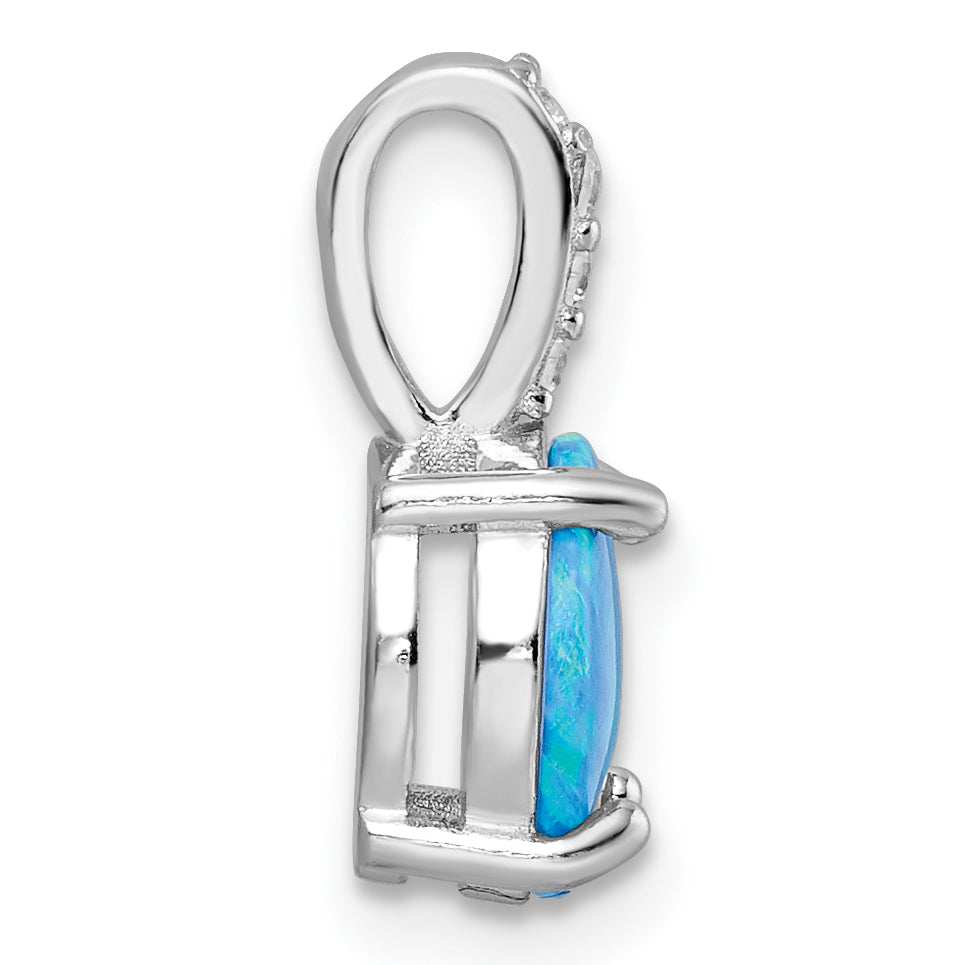 Sterling Silver Rhodium-plated Round Blue Created Opal & CZ Pendant