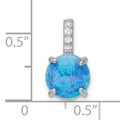 Sterling Silver Rhodium-plated Round Blue Created Opal & CZ Pendant