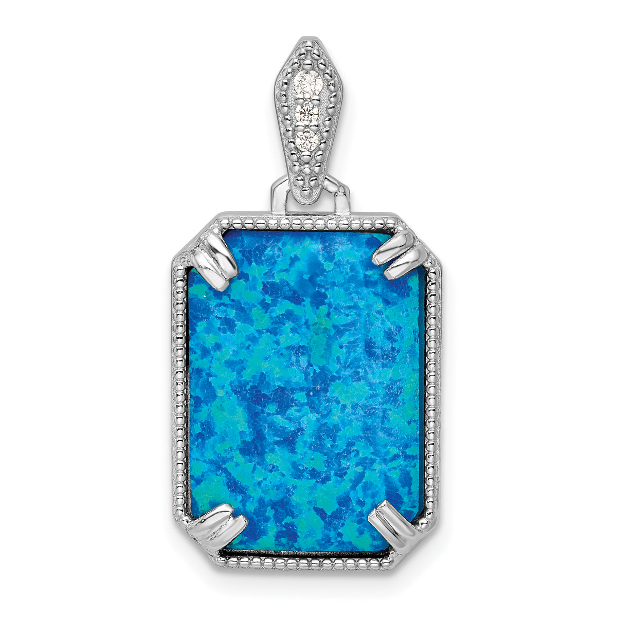 Sterling Silver RH-plated Blue Created Opal & CZ Beaded Border Pendant