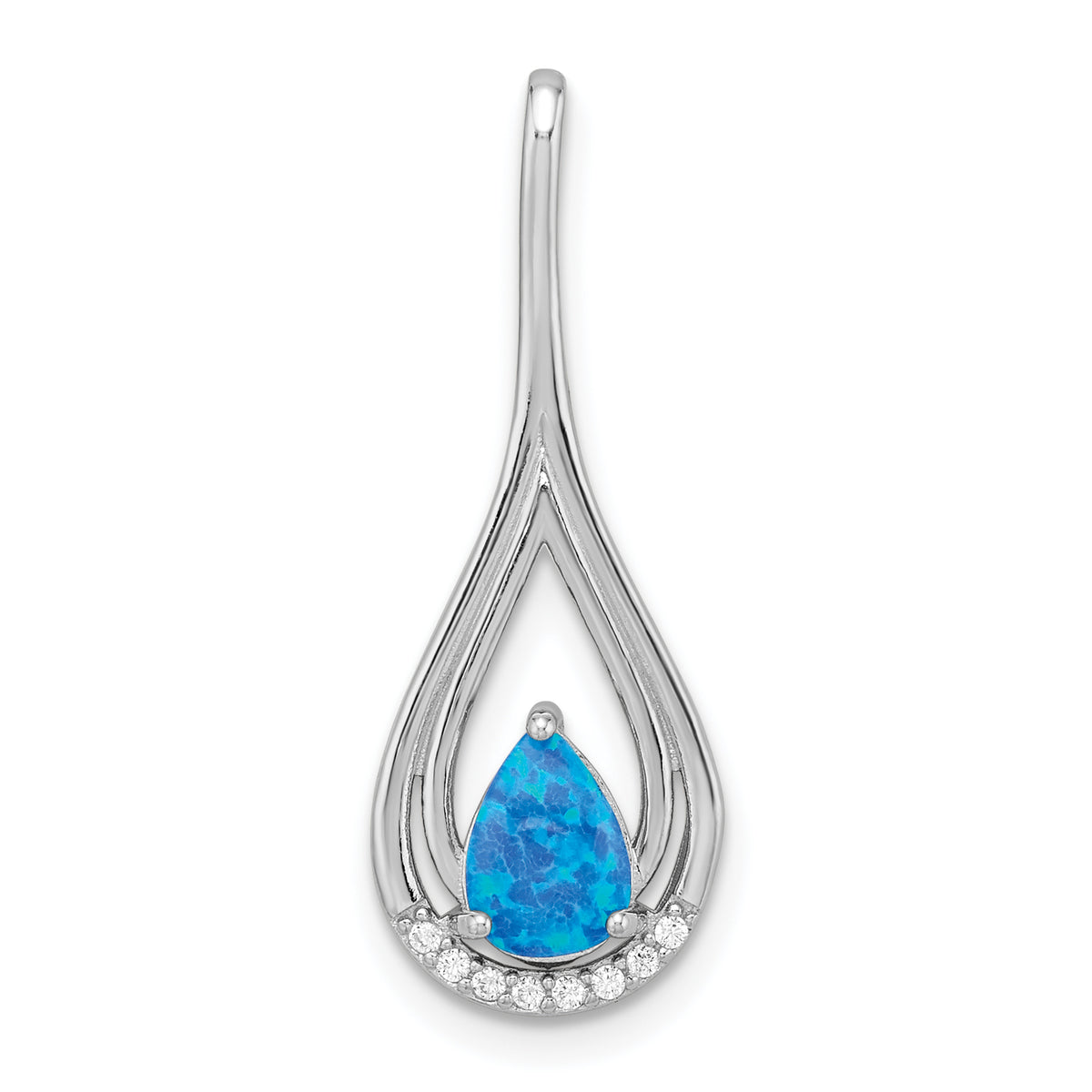 Sterling Silver Rhodium-plated Polished Blue Created Opal & CZ Pendant