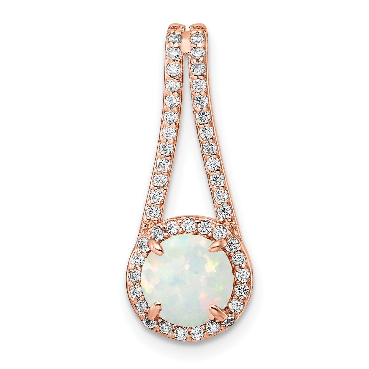 Sterling Silver Rose-tone White Created Opal & CZ Halo Pendant