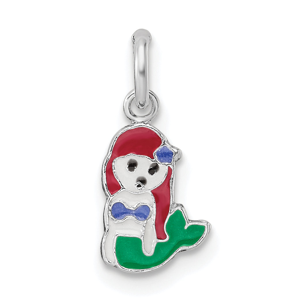 Sterling Silver RH-plated Multi-color Enamel Mermaid Children's Pendant