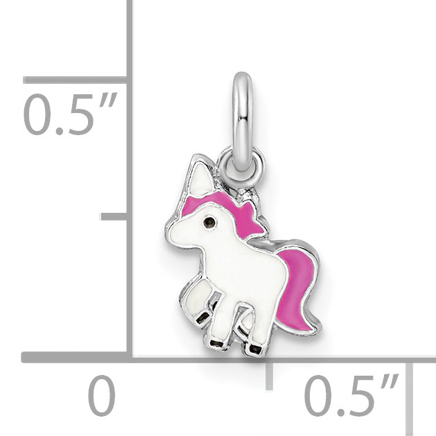 Sterling Silver Rhodium-plated Pink, White & Black Enameled Unicorn Children's Pendant