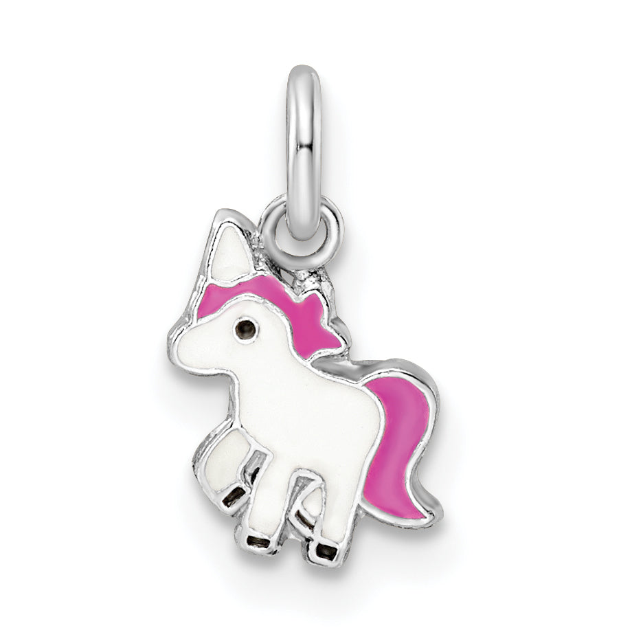 Sterling Silver Rhodium-plated Pink, White & Black Enameled Unicorn Children's Pendant