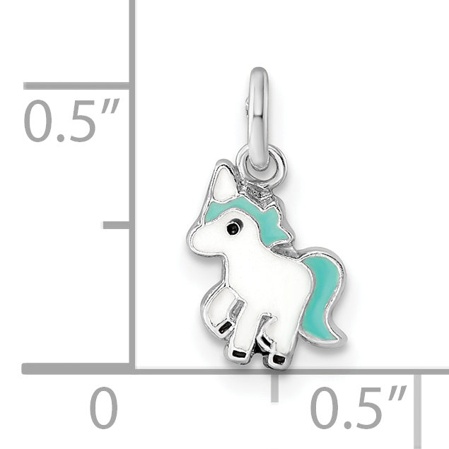 Sterling Silver Rhodium-plated Blue, White & Black Enameled Unicorn Children's Pendant