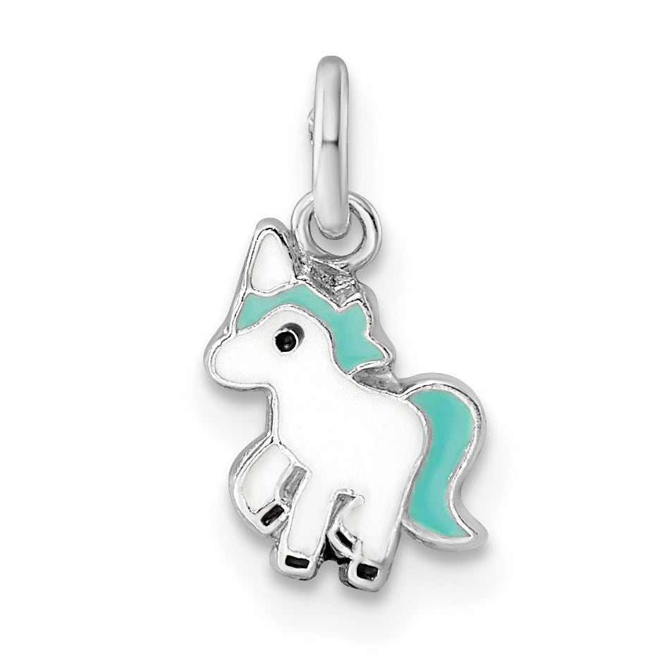 Sterling Silver Rhodium-plated Blue, White & Black Enameled Unicorn Children's Pendant