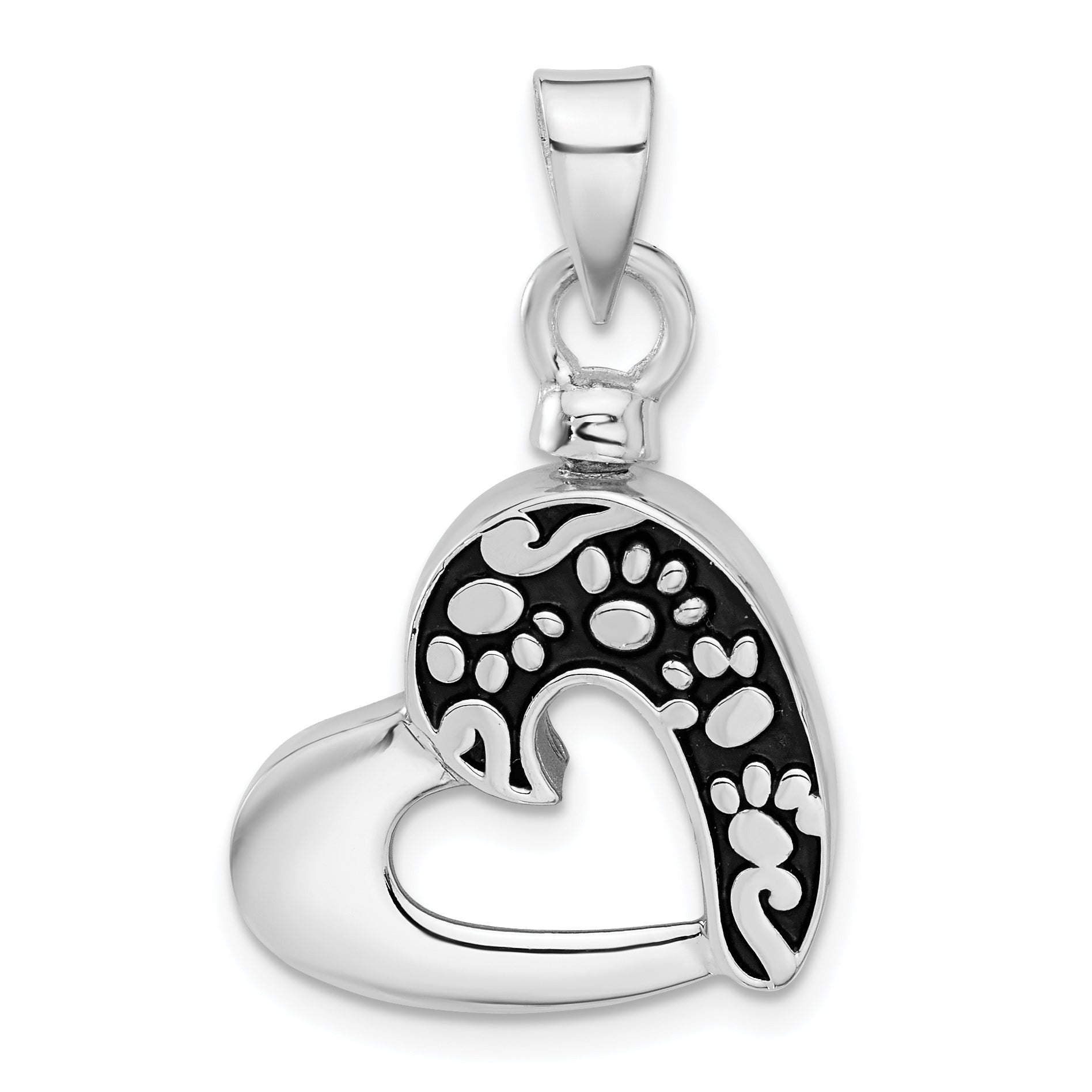 Sterling Silver Rhodium-plated Enamel Heart with Paw Prints Pendant