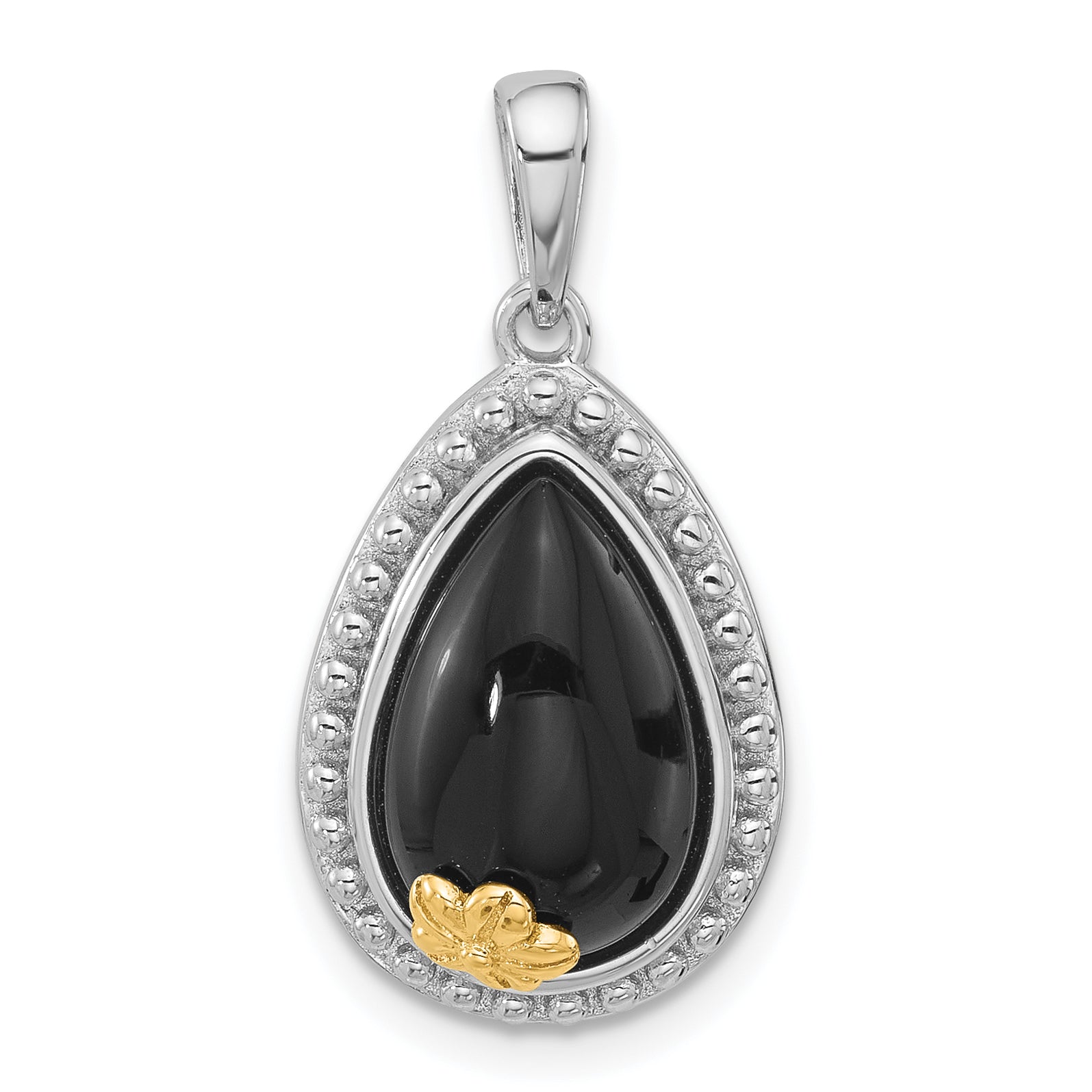 Sterling Silver w/14k accent Rhodium-plated Black Onyx Teardrop Pendant