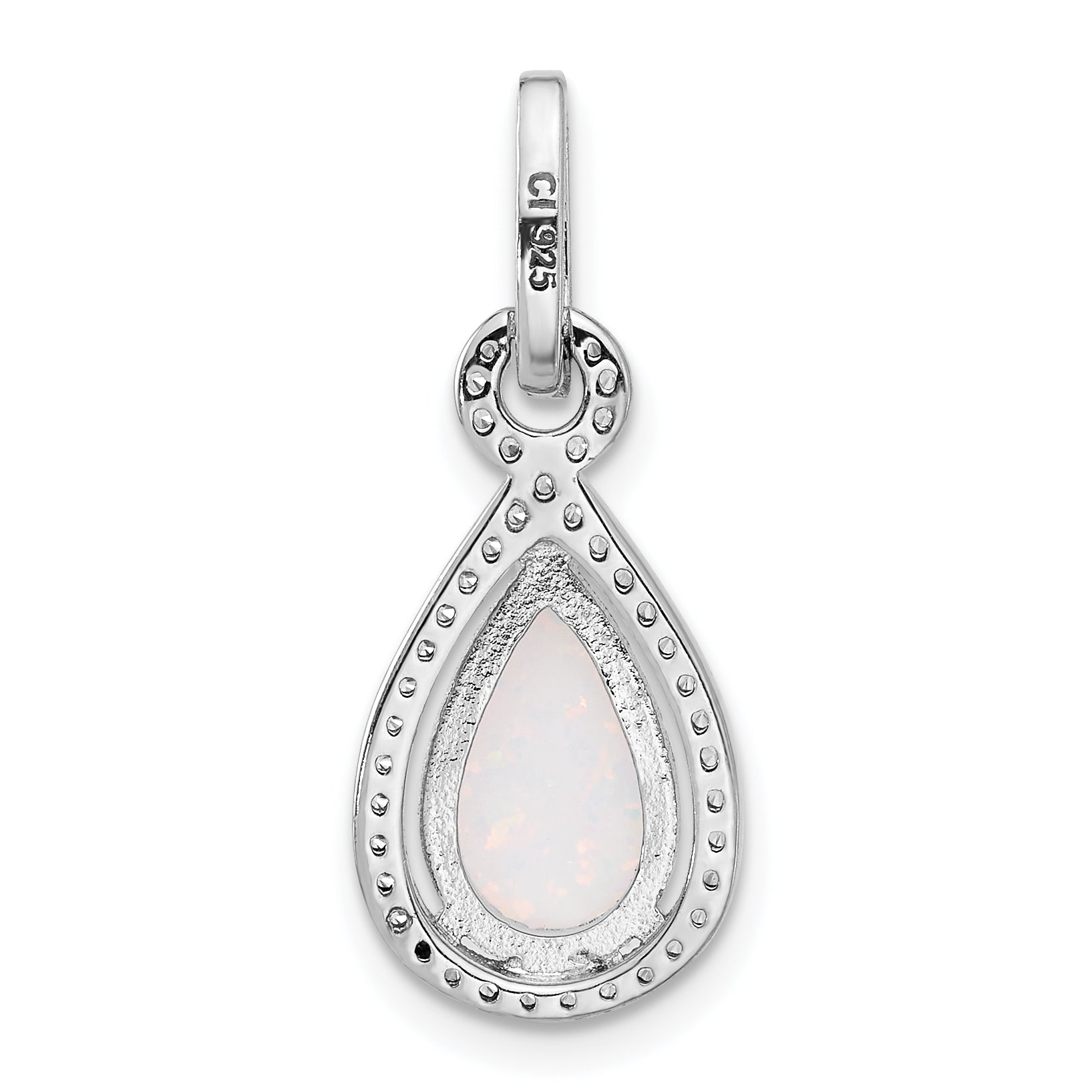 Sterling Silver Rhodium-plated Created Opal and CZ Teardrop Pendant