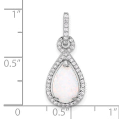 Sterling Silver Rhodium-plated Created Opal and CZ Teardrop Pendant