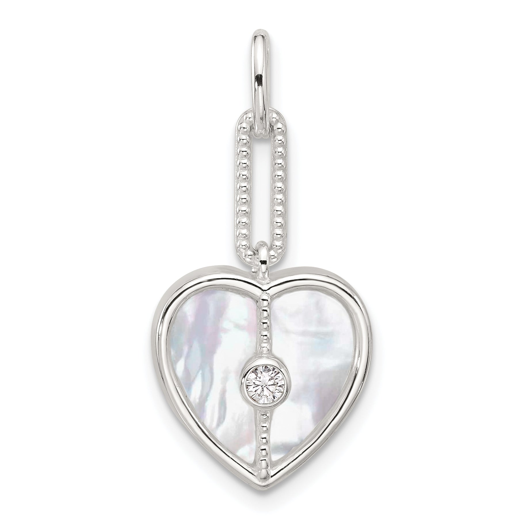 Sterling Silver E-coated CZ and Mother of Pearl Heart Pendant