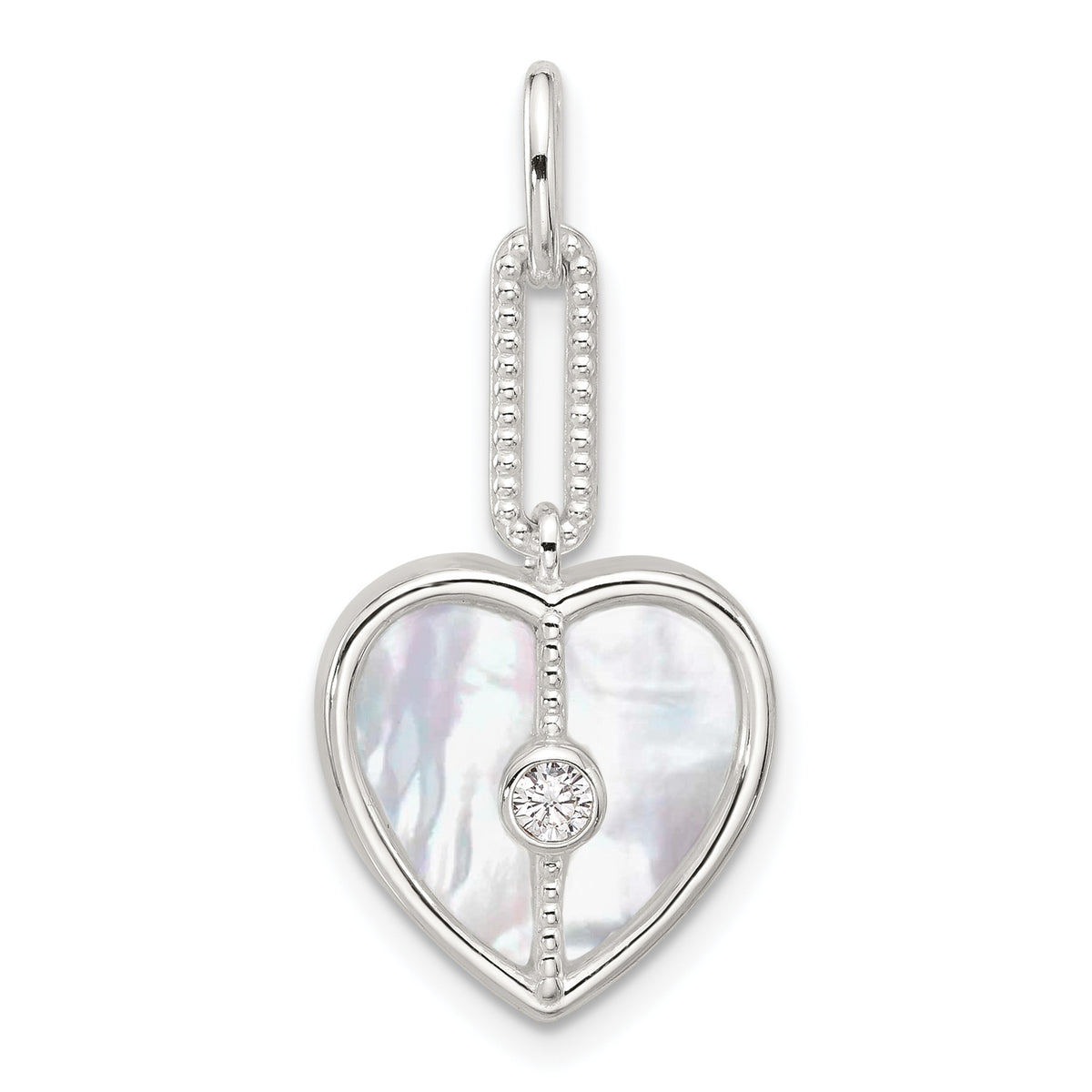 Sterling Silver E-coated CZ and Mother of Pearl Heart Pendant