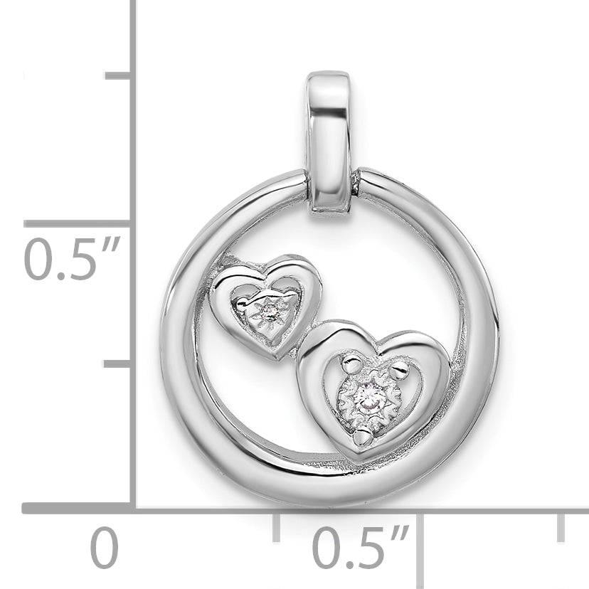 Sterling Silver Rhodium-plated Polished CZ Hearts in Circle Pendant