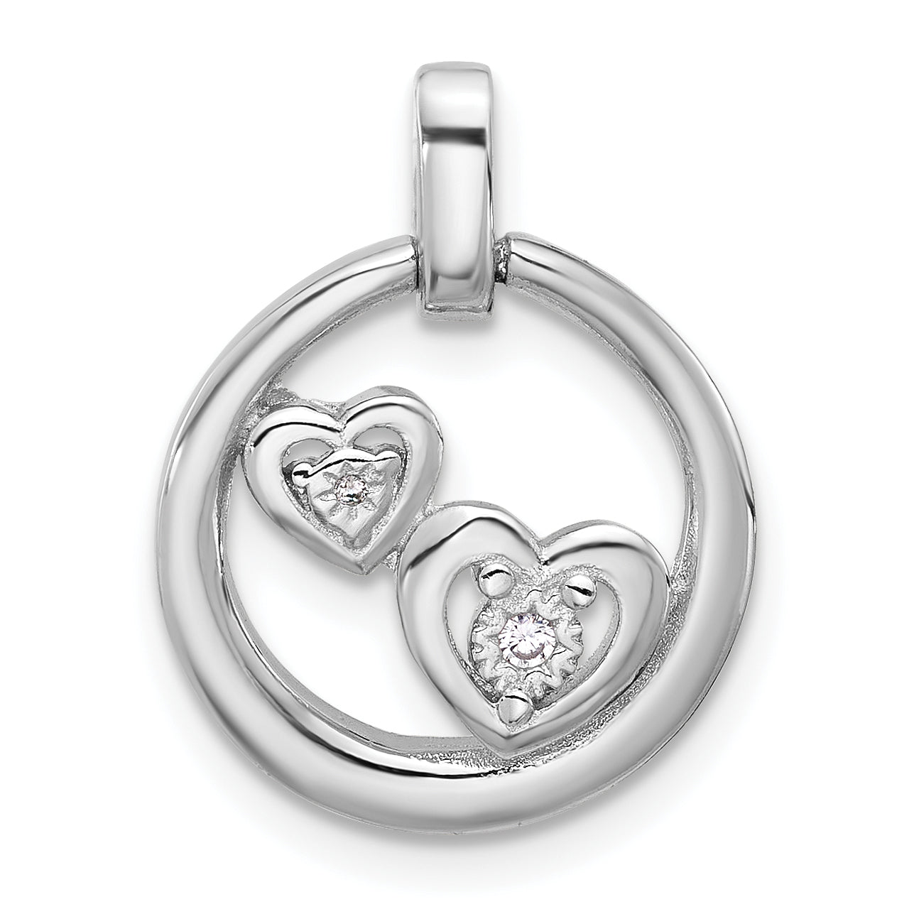 Sterling Silver Rhodium-plated Polished CZ Hearts in Circle Pendant