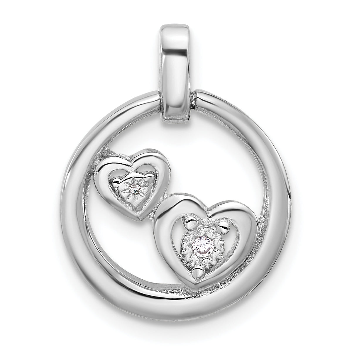 Sterling Silver Rhodium-plated Polished CZ Hearts in Circle Pendant