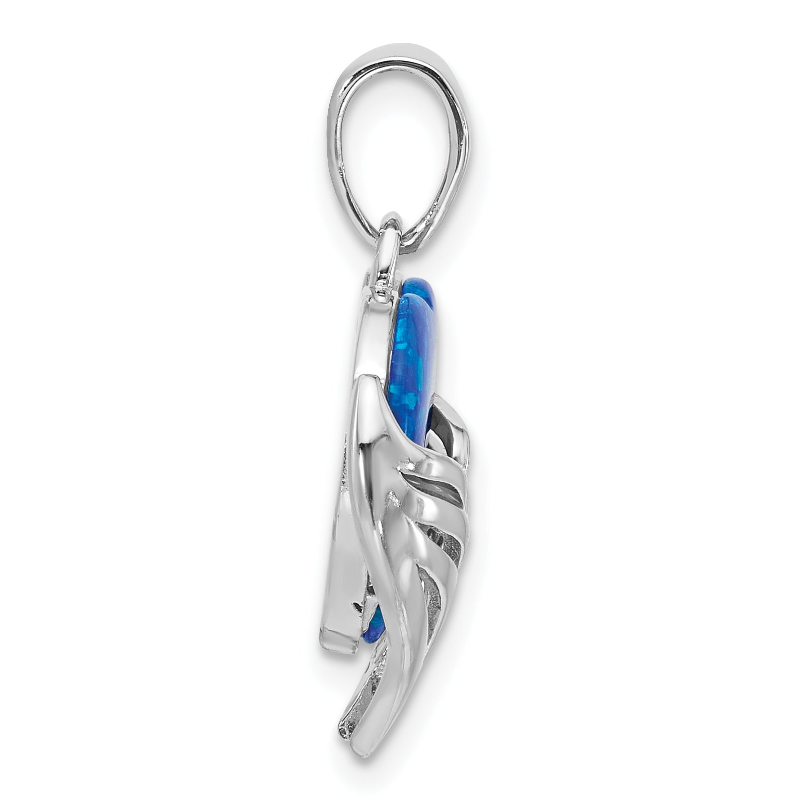 Sterling Silver Rh-plated Blue Created Opal Heart with Wings Pendant