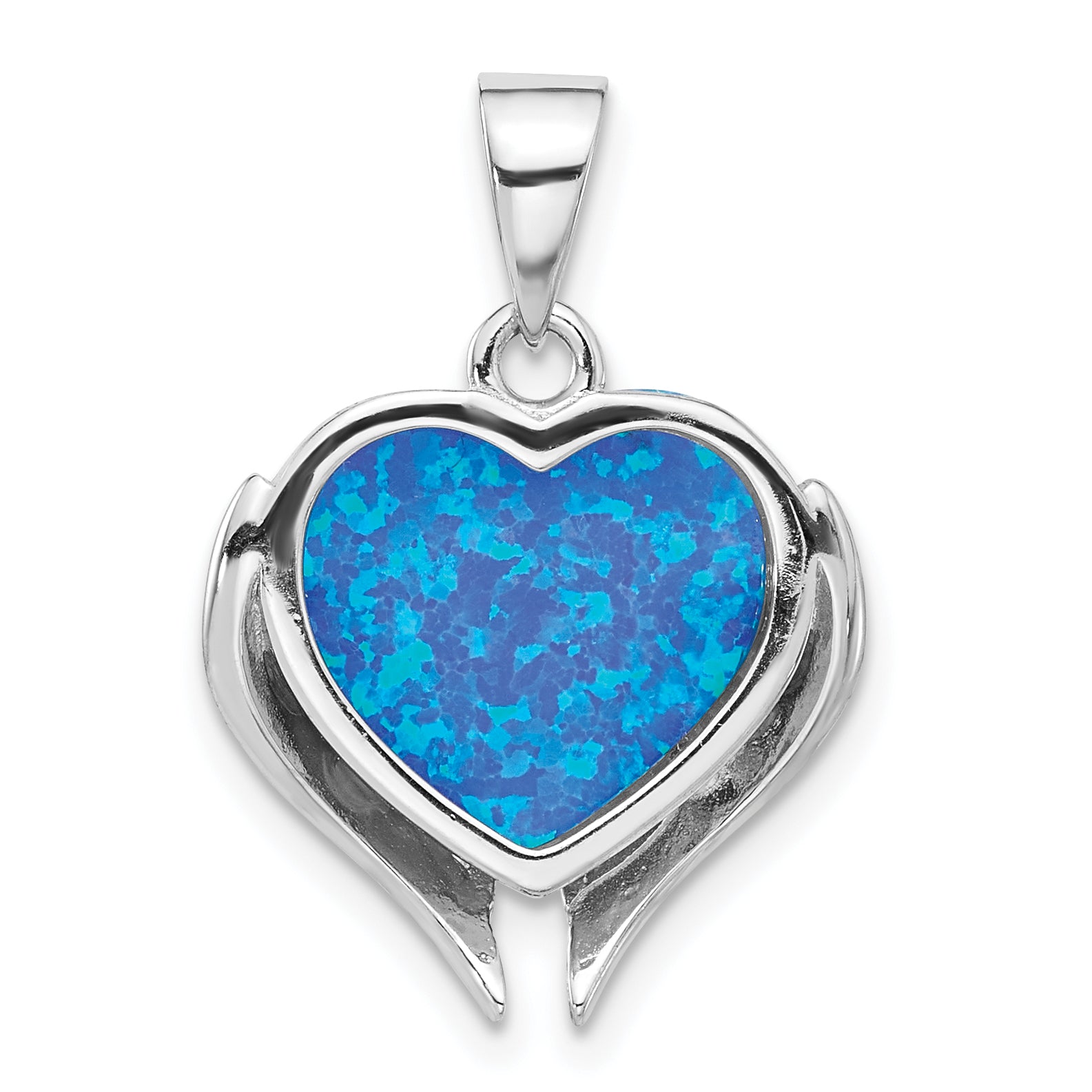 Sterling Silver Rh-plated Blue Created Opal Heart with Wings Pendant