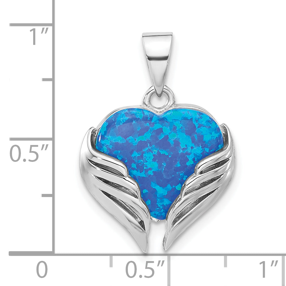 Sterling Silver Rh-plated Blue Created Opal Heart with Wings Pendant