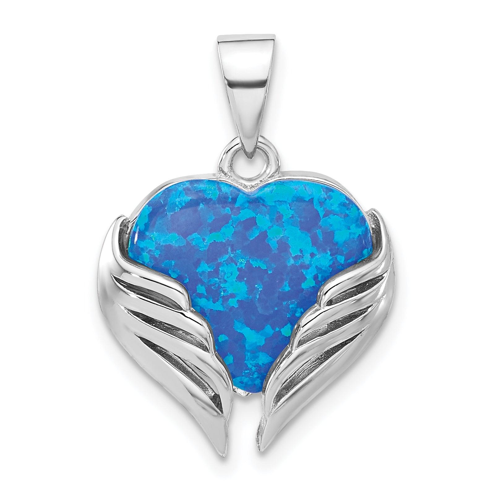 Sterling Silver Rh-plated Blue Created Opal Heart with Wings Pendant