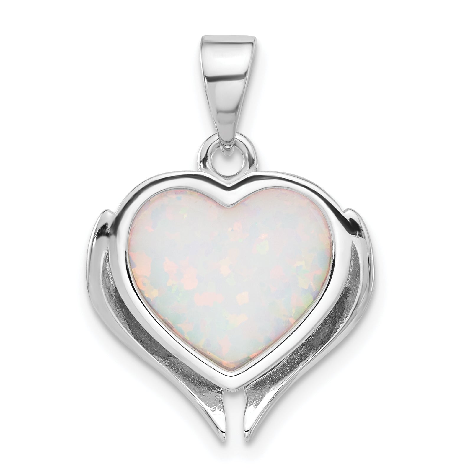 Sterling Silver Rhodium-plated White Created Opal Heart Wings Pendant