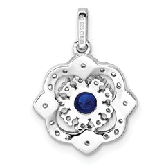 Sterling Silver RH-pltd Blue Glass & Clear CZ Fancy Vintage Pendant