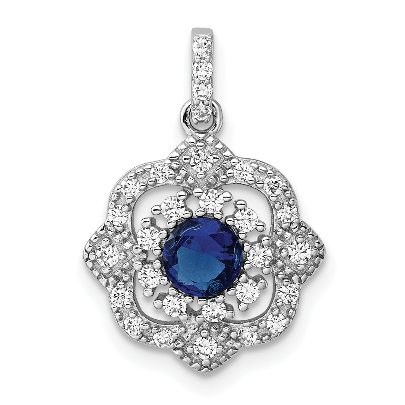 Sterling Silver RH-pltd Blue Glass & Clear CZ Fancy Vintage Pendant