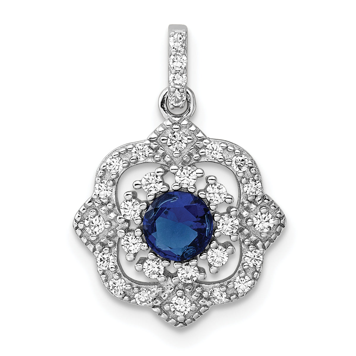 Sterling Silver RH-pltd Blue Glass & Clear CZ Fancy Vintage Pendant