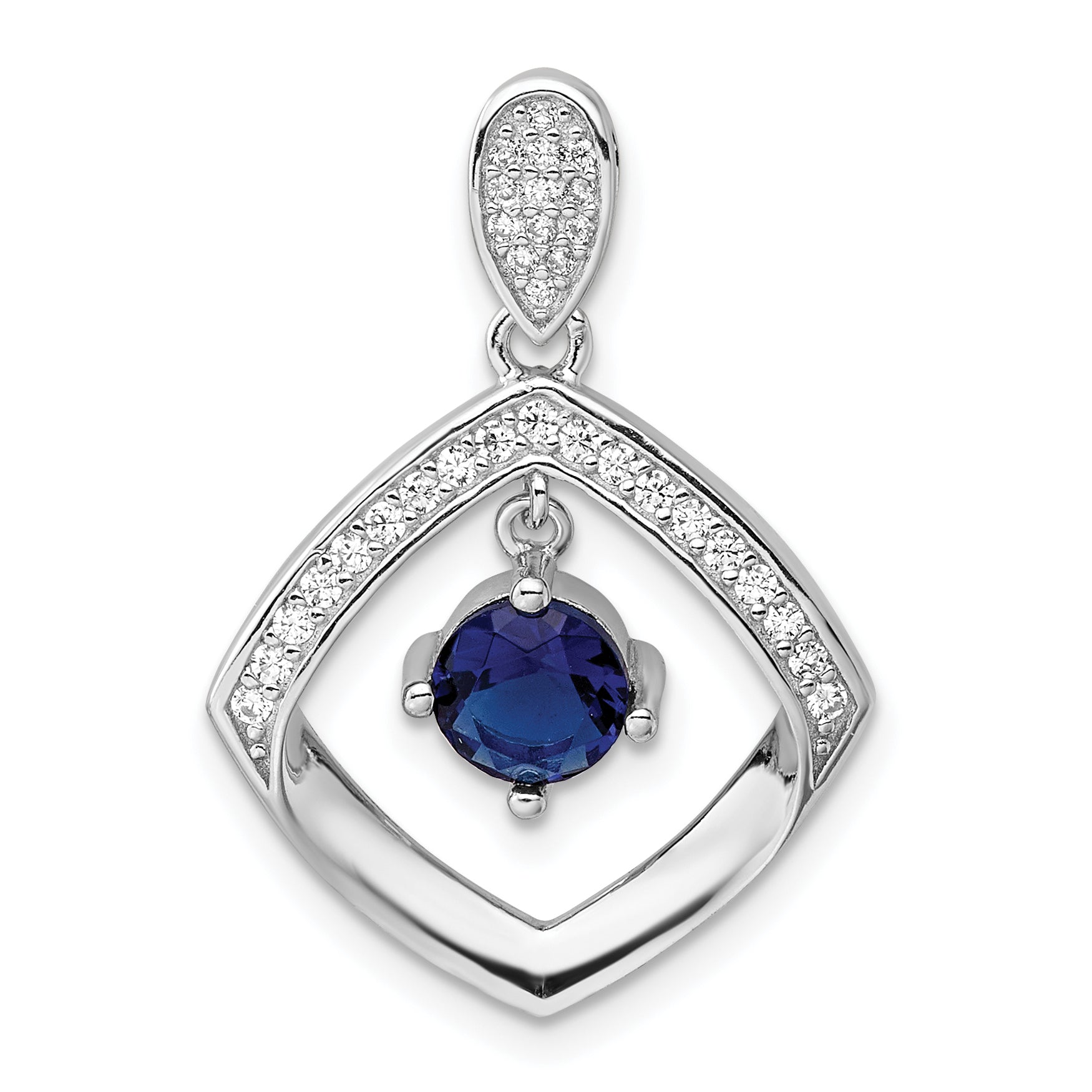 Sterling Silver RH-pltd Blue Glass and Clear CZ Fancy Square Pendant