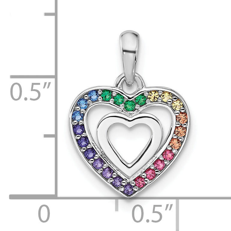 Sterling Silver RH-plated Rainbow Crystal Double Heart Children's Pendant