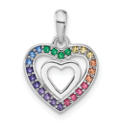 Sterling Silver RH-plated Rainbow Crystal Double Heart Children's Pendant