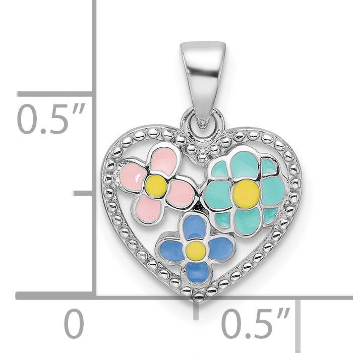 Sterling Silver Rhodium-plated Polished & Beaded Multi-color Enameled Floral Heart Children's Pendant