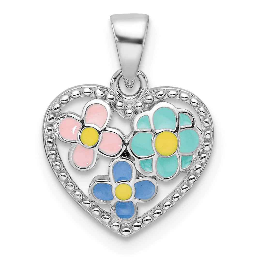 Sterling Silver Rhodium-plated Polished & Beaded Multi-color Enameled Floral Heart Children's Pendant