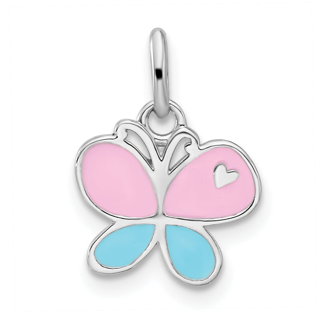 Sterling Silver RH-plated Blue & Pink Enamel Butterfly Children's Pendant