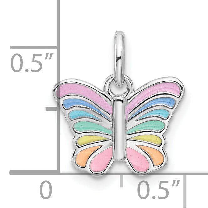 Sterling Silver RH-plated Multi-color Enameled Butterfly Children's Pendant