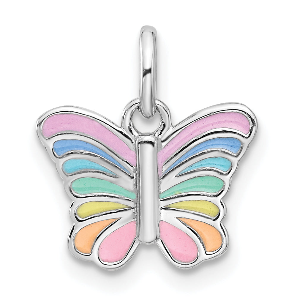 Sterling Silver RH-plated Multi-color Enameled Butterfly Children's Pendant