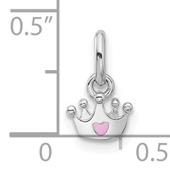 Sterling Silver RH-plated Pink Enameled Heart Crown Children's Pendant