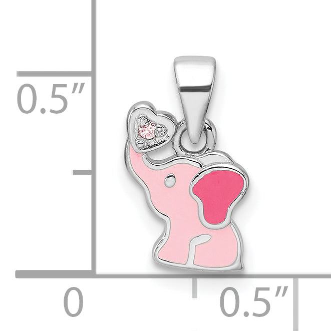 Sterling Silver RH-plated Pink Enamel & CZ Elephant Children's Pendant