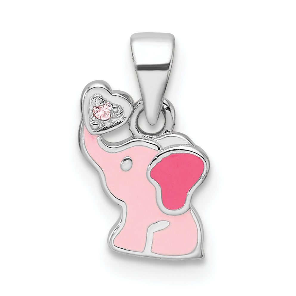 Sterling Silver RH-plated Pink Enamel & CZ Elephant Children's Pendant