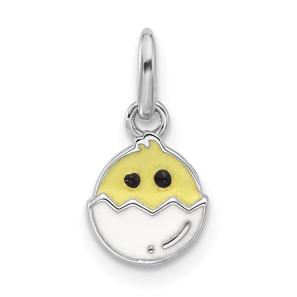 Sterling Silver Rhodium-plated Enameled Chick in Egg Children's Pendant