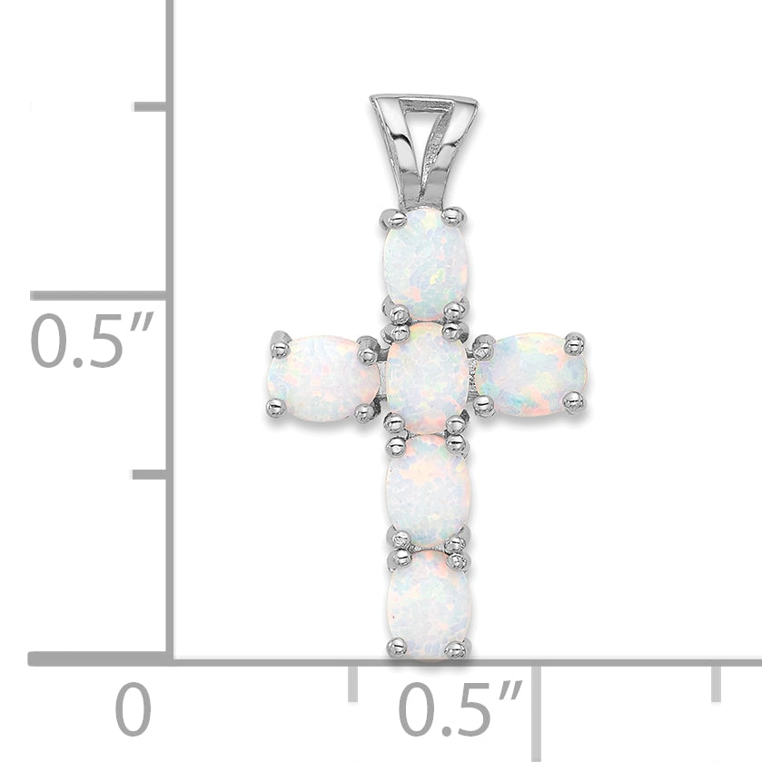 Sterling Silver Flash Platinum-plated Created Opal Cross Pendant