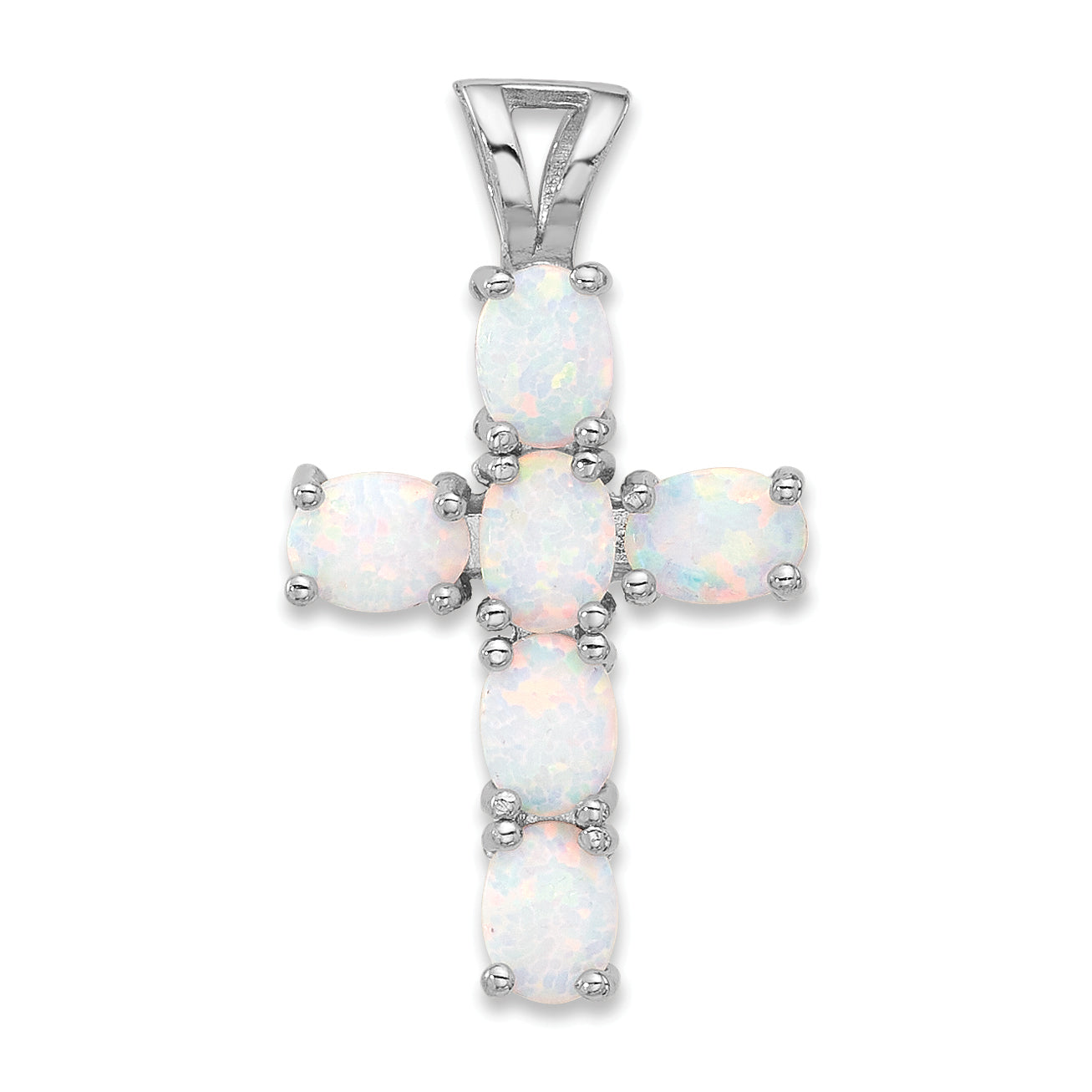 Sterling Silver Flash Platinum-plated Created Opal Cross Pendant