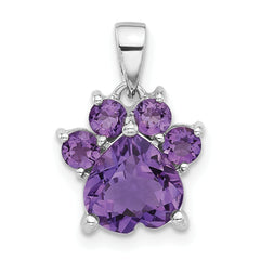 Sterling Silver Rhodium-plated Polished Amethyst Paw Pendant