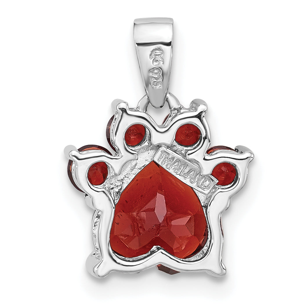 Sterling Silver Rhodium-plated Polished Garnet Paw Pendant