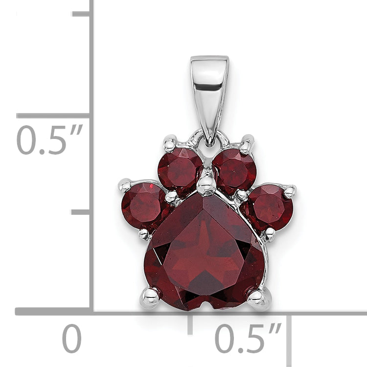 Sterling Silver Rhodium-plated Polished Garnet Paw Pendant