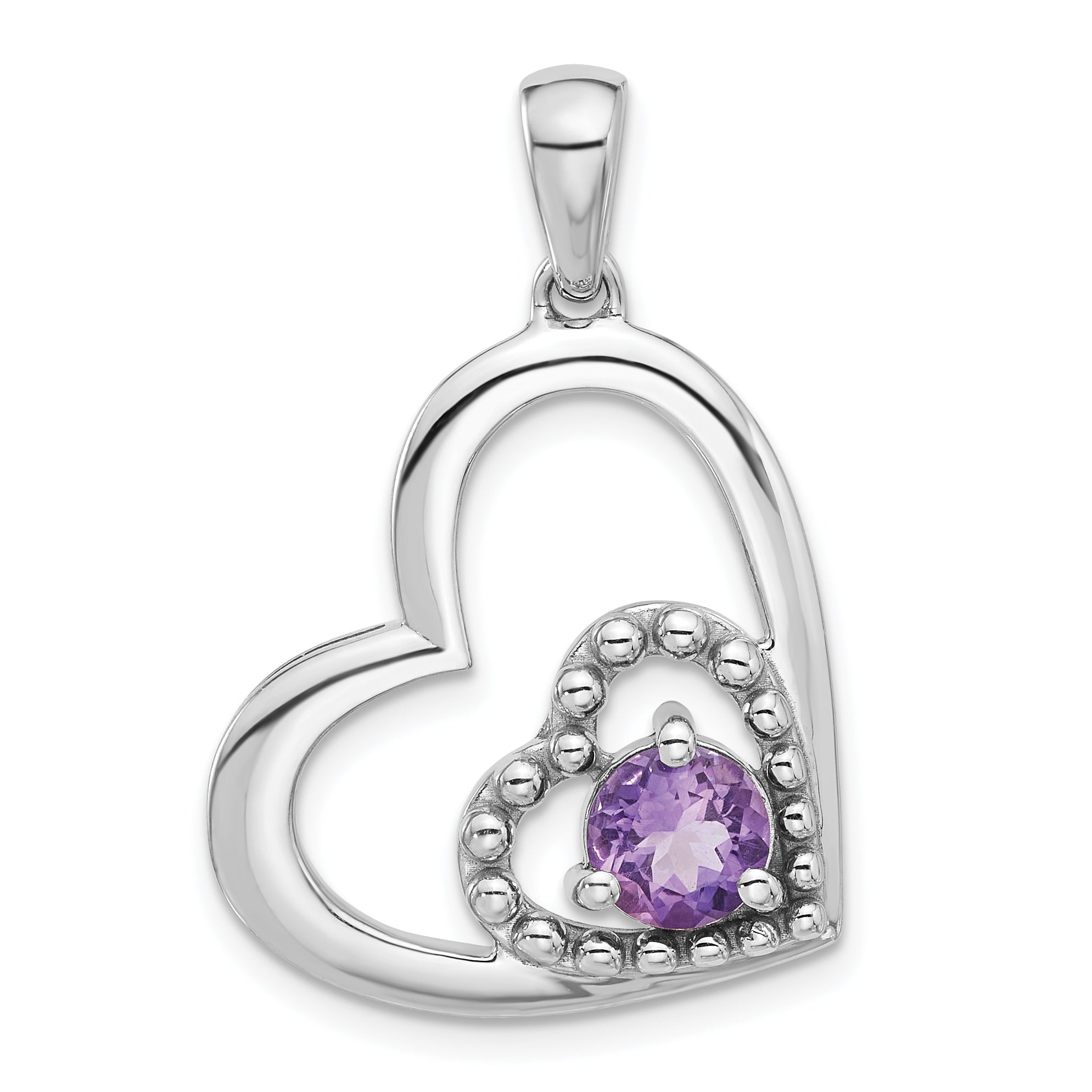 Sterling Silver Rhodium-plated Amethyst Double Heart Pendant