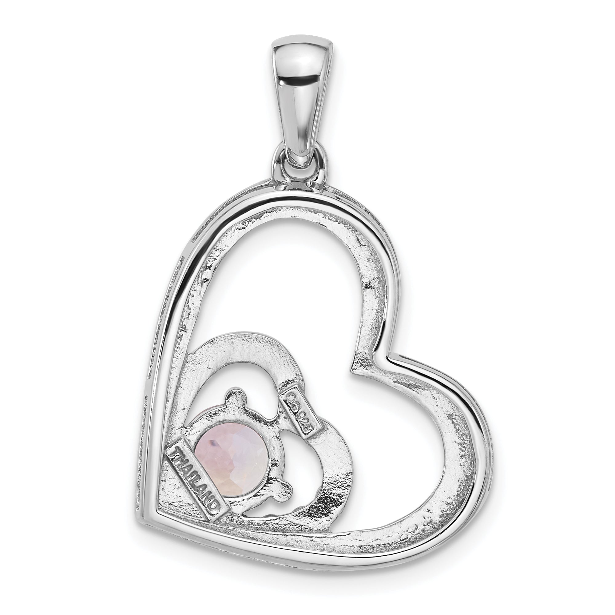 Sterling Silver Rhodium-plated Pink Quartz Double Heart Pendant